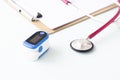 Pulse Oximeter, finger digital device to measure person`s oxygen saturation and a stethoscope. Reduced oxygenation is an emergenc