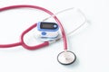 Pulse Oximeter, finger digital device to measure person`s oxygen saturation and a stethoscope. Reduced oxygenation is an emergenc