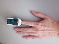 Pulse oximeter on a finger in a mature woman, measurement of oxygen level in the blood