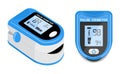 Pulse oximeter icon on the median finger for measuring oxygen in the blood. Health care for blood saturation test