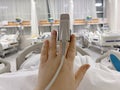 Pulse oximetry probe on a patient hand in intensive care unit Royalty Free Stock Photo