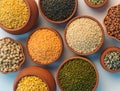 Pulses and cereals in earthen bowls Royalty Free Stock Photo