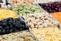 Pulses food background, assortment - legume, kidney beans, peas, lentils in square cells macro. Royalty Free Stock Photo