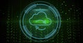 Pulsing cloud sync icon within rings in interface, emitting radial green glow and streaming bits Royalty Free Stock Photo