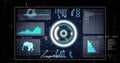 Pulsing HUD in interface, showing waveform, line and bar charts, map, code snippet on neon grid Royalty Free Stock Photo