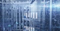 Pulsing server rack rows displaying digital analytics overlays in data center, with status LEDs Royalty Free Stock Photo