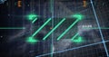 Pulsing vertical glowing bars with neon green arrows framing them in HUD grid, with binary code Royalty Free Stock Photo