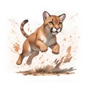 puma jumping in cartoon style. Cute Little Cartoon puma hunting isolated on white background. Watercolor drawing, hand-drawn puma Royalty Free Stock Photo