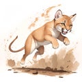 puma jumping in cartoon style. Cute Little Cartoon puma hunting isolated on white background. Watercolor drawing, hand-drawn puma Royalty Free Stock Photo