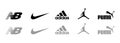 Puma, NIKE, Adidas, Jordan, New Balance logo. Top most popular sportwear brands. Logos of sports equipment and sportswear company