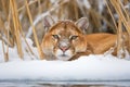 puma resting after successful hunt in snow