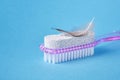 Pumice stone with pink plastic handle and pedicure brush and bird feather on blue background, smooth skin of the foot Royalty Free Stock Photo