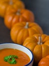 Pumpkin soup and row of pumkins