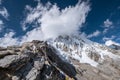 Pumori mountain 7161m covered with clouds view from Kala Patthar 5644m, Khumbu valley, Sagarmatha national park, Nepalese Royalty Free Stock Photo