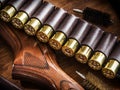 Pump action shotgun, 12 guage cartridge and hunting knife. Royalty Free Stock Photo