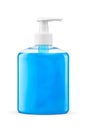 Pump bottle of blue liquid hand soap isolated on white