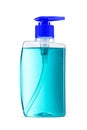 Pump bottle of blue liquid soap isolated on white Royalty Free Stock Photo