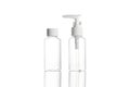 Pump bottle, empty sanitizer container for mineral cosmetic, soap shampoo isolated on white. Clear plastic blank cap for water, Royalty Free Stock Photo