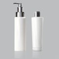 Pump cosmetic bottle, white package container. 3d shampoo dispenser mock up. Body cream or shower soap empty realistic