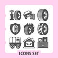 Pump instrument, transportation and industry icons set in modern solid style on white background. Vector graphics. Set Royalty Free Stock Photo
