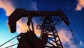 Pump jack industrial machine for petroleum in the sunrise. Silhouette of a pump jack pumping oil against a red sky. 3D Royalty Free Stock Photo