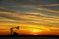 Pump jack in the oil field at sunset Royalty Free Stock Photo