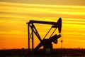 Pump jack in the oil field at sunset Royalty Free Stock Photo