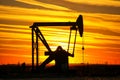 Pump jack in the oil field at sunset Royalty Free Stock Photo