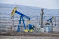 Pump Jack. Oilfield derrick.Oilfield pump for oil production. Vegetation covered with hoar-frost Royalty Free Stock Photo