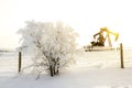 Pump jack in the sunrise light and the bush in snow in the oilfield