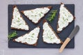 Pumpernickel bread with feta, cream cheese, rosemary, lemon, garlic dip Royalty Free Stock Photo