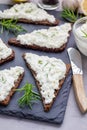 Pumpernickel bread with feta, cream cheese, rosemary, lemon, garlic dip Royalty Free Stock Photo