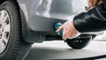 Pumping gas fuel car at oil station. Woman hand refuel petrol nozzle tank. Refueling transportation and Automotive Royalty Free Stock Photo