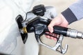 Closeup of mans hand pumping gasoline fuel in car at gas station. Royalty Free Stock Photo