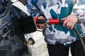Pumping gas at pump. Closeup of man gasoline fuel in car station. Royalty Free Stock Photo