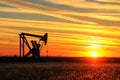 Pumpjack in the oil field at sunset Royalty Free Stock Photo