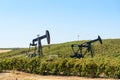 Pumpjacks in among grapevines a clear autumn day