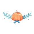 Pumpkim, bow , bunch of leaves and glitter ster border watercolor illustration for decoration on Halloween and Thanksgiving