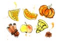 A set of objects of autumn coziness isolated on a white background. Watercolor blur and black outline.