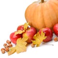 Pumpkin, apples and hazel isolated on white background. Royalty Free Stock Photo