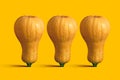 Pumpkin as a light bulb symbolizes the idea on yellow background. Creative poster for design. Stand out from the crowd. Halloween