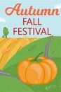 Pumpkin Autumn Fall Festival banner. Rural Landscape Panorama with Pumpkin, Hill, Haystacks, Trees Royalty Free Stock Photo