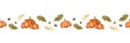 Pumpkin autumn seamless horizontal pattern with leaves, Thanksgiving, harvest or Halloween seasonal vector background