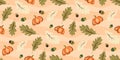 Pumpkin autumn seamless pattern print with leaves, Thanksgiving, harvest or Halloween seasonal background