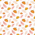 Pumpkin autumn seamless pattern print with leaves, Thanksgiving, harvest or Halloween seasonal background Royalty Free Stock Photo