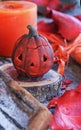 Pumpkin on a background of dry plants and candles Royalty Free Stock Photo