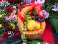 Pumpkin basket with autumn harvest