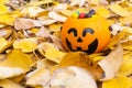 Pumpkin basket for Halloween, full of candy on the background of yellow fallen leaves.