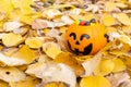 Pumpkin basket for Halloween, full of candy on the background of yellow fallen leaves.