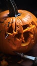 pumpkin being transformed into a jack-o\'-lantern and sharp knife, HD halloween 1080 * 1920 image